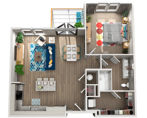 Floor plan for 1 bed, 1 bath, 832 sqft
